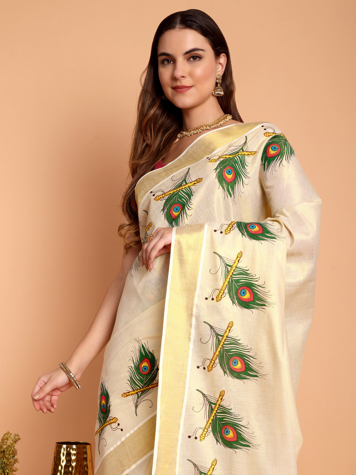 DhevStylish Kerala Kasavu Golden Tissue with Peacock Feather Print Saree with Running Blouse | Green, Red