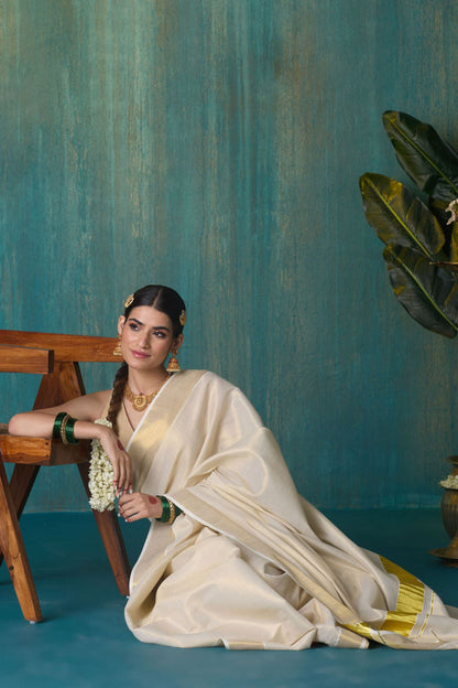 DhevStylish Women's Kerala Kasavu Golden Tissue Plain Saree with Running Blouse | Saree length: 6.25 Meters | Blouse: Running Blouse only