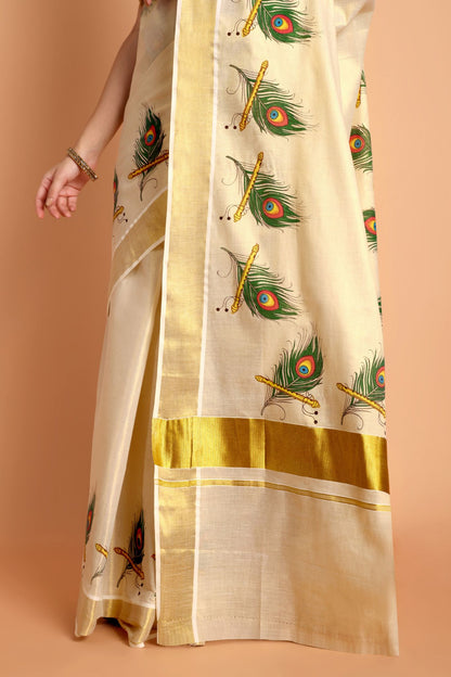 DhevStylish Kerala Kasavu Golden Tissue with Peacock Feather Print Saree with Running Blouse | Green, Red