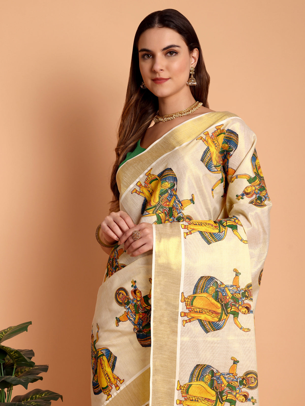 DhevStylish Kerala Kasavu Golden Tissue with Kathakali Print Saree with Running Blouse | Green, Golden Yellow