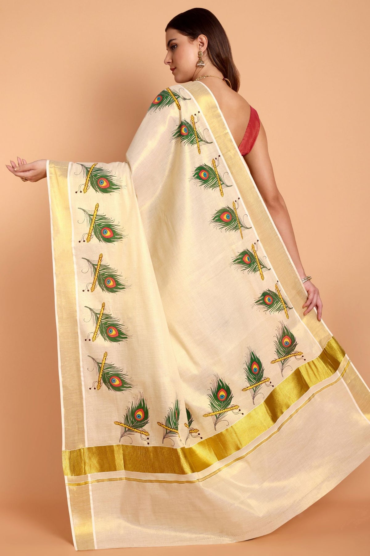 DhevStylish Kerala Kasavu Golden Tissue with Peacock Feather Print Saree with Running Blouse | Green, Red