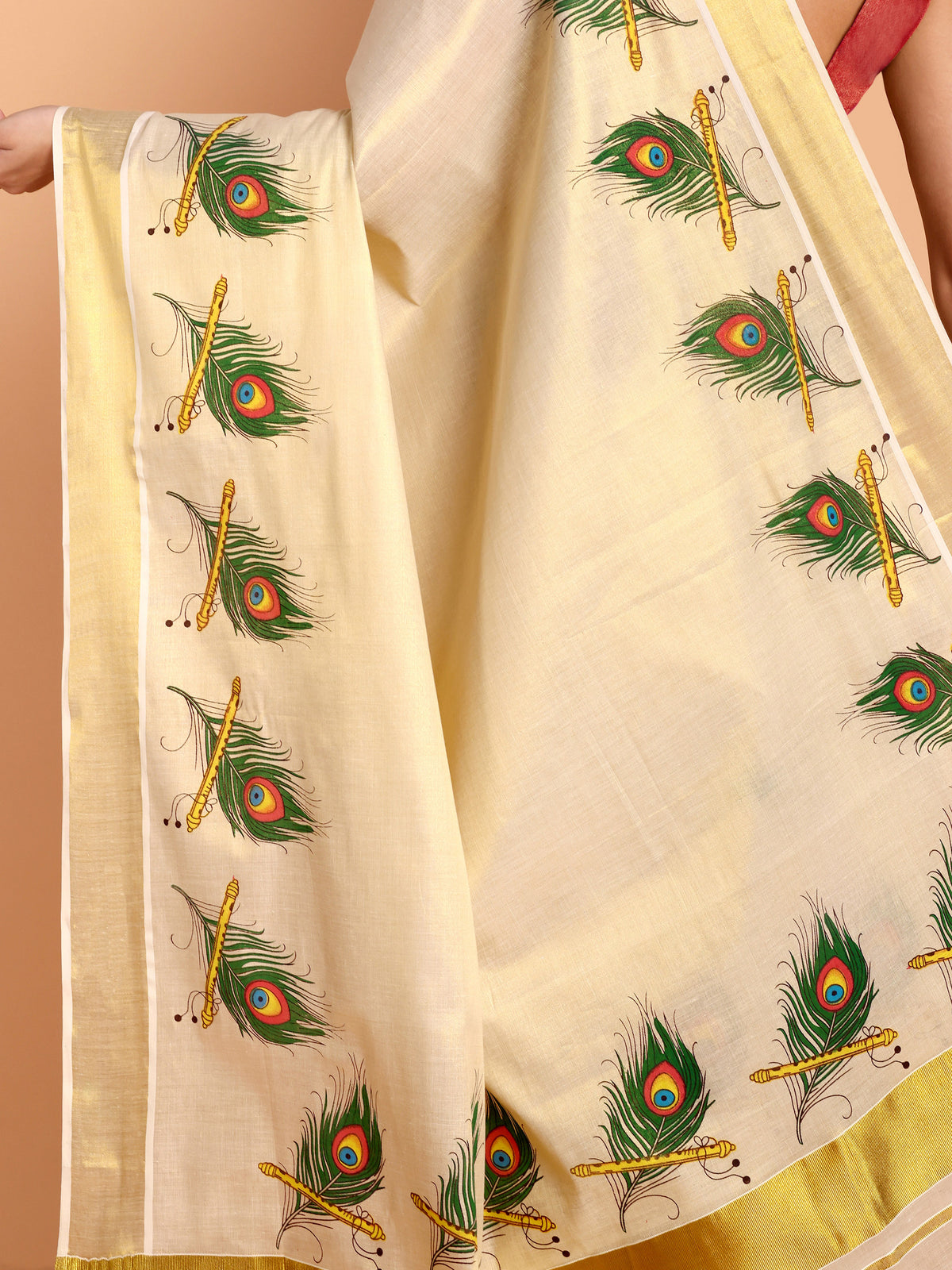 DhevStylish Kerala Kasavu Golden Tissue with Peacock Feather Print Saree with Running Blouse | Green, Red