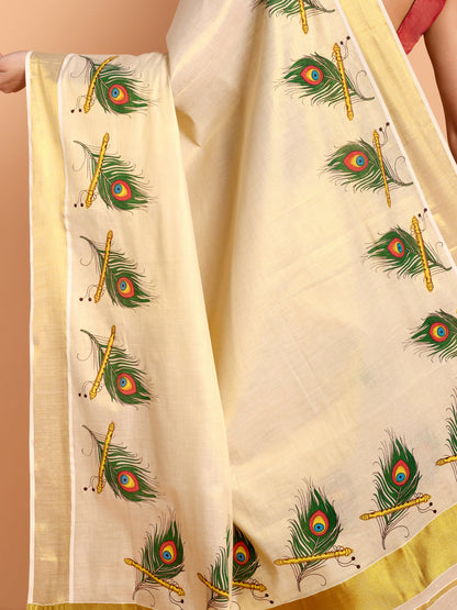 DhevStylish Kerala Kasavu Golden Tissue with Peacock Feather Print Saree with Running Blouse | Green, Red