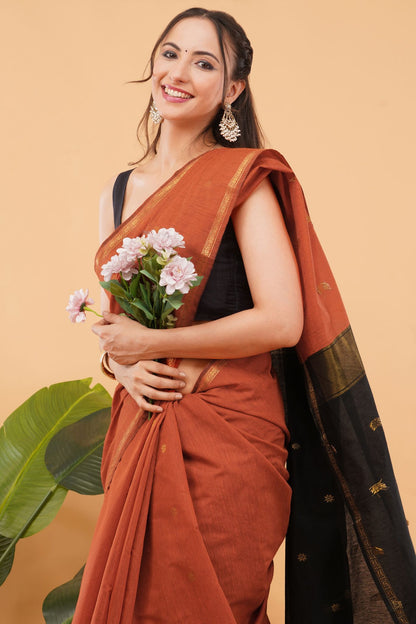 DhevStylish Maheshwari Cotton Saree for Women | cotton Soft Lightweight Cotton Saree with Gold Zari Border & Running Blouse Piece | Traditional Handloom Style Ethnic Saree | 6.25 Meter