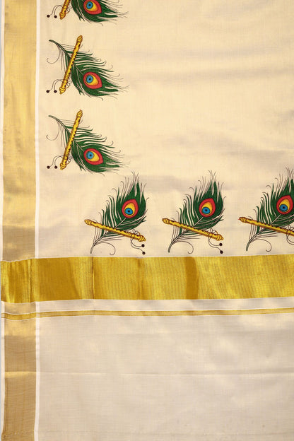 DhevStylish Kerala Kasavu Golden Tissue with Peacock Feather Print Saree with Running Blouse | Green, Red