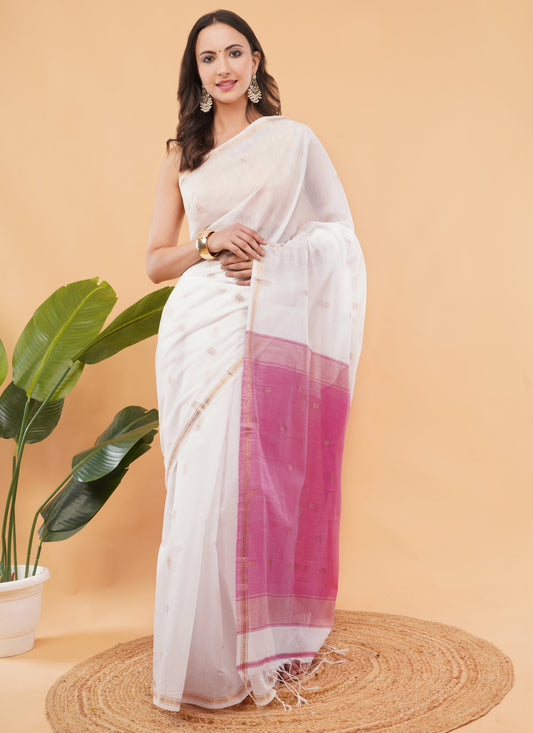 DhevStylish Women's Pure Maheshwari Soft Cotton Sarees For Women With Running Blouse only | Cotton sarees for women| Cotton sarees with Running Blouse only (White)