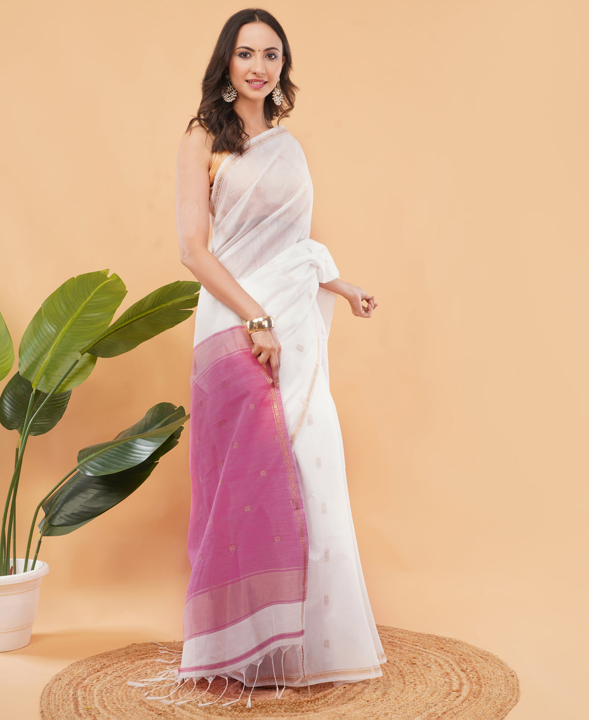 DhevStylish Women's Pure Maheshwari Soft Cotton Sarees For Women With Running Blouse only | Cotton sarees for women| Cotton sarees with Running Blouse only (White)