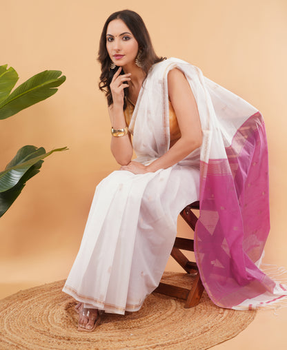 DhevStylish Women's Pure Maheshwari Soft Cotton Sarees For Women With Running Blouse only | Cotton sarees for women| Cotton sarees with Running Blouse only (White)