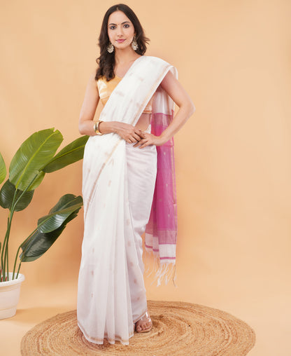 DhevStylish Women's Pure Maheshwari Soft Cotton Sarees For Women With Running Blouse only | Cotton sarees for women| Cotton sarees with Running Blouse only (White)