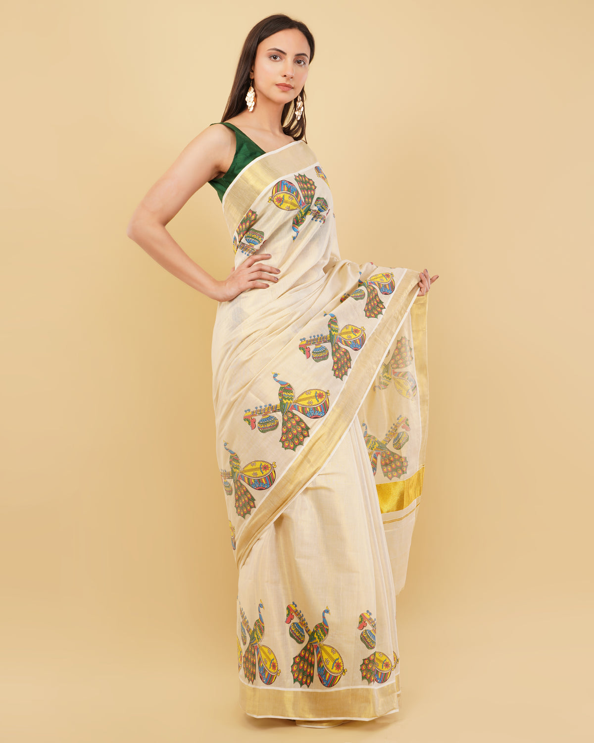 DhevStylish Kerala Kasavu Golden Tissue with Fancy Peacock Design Print Saree with Running Blouse | Blue, Green, Red