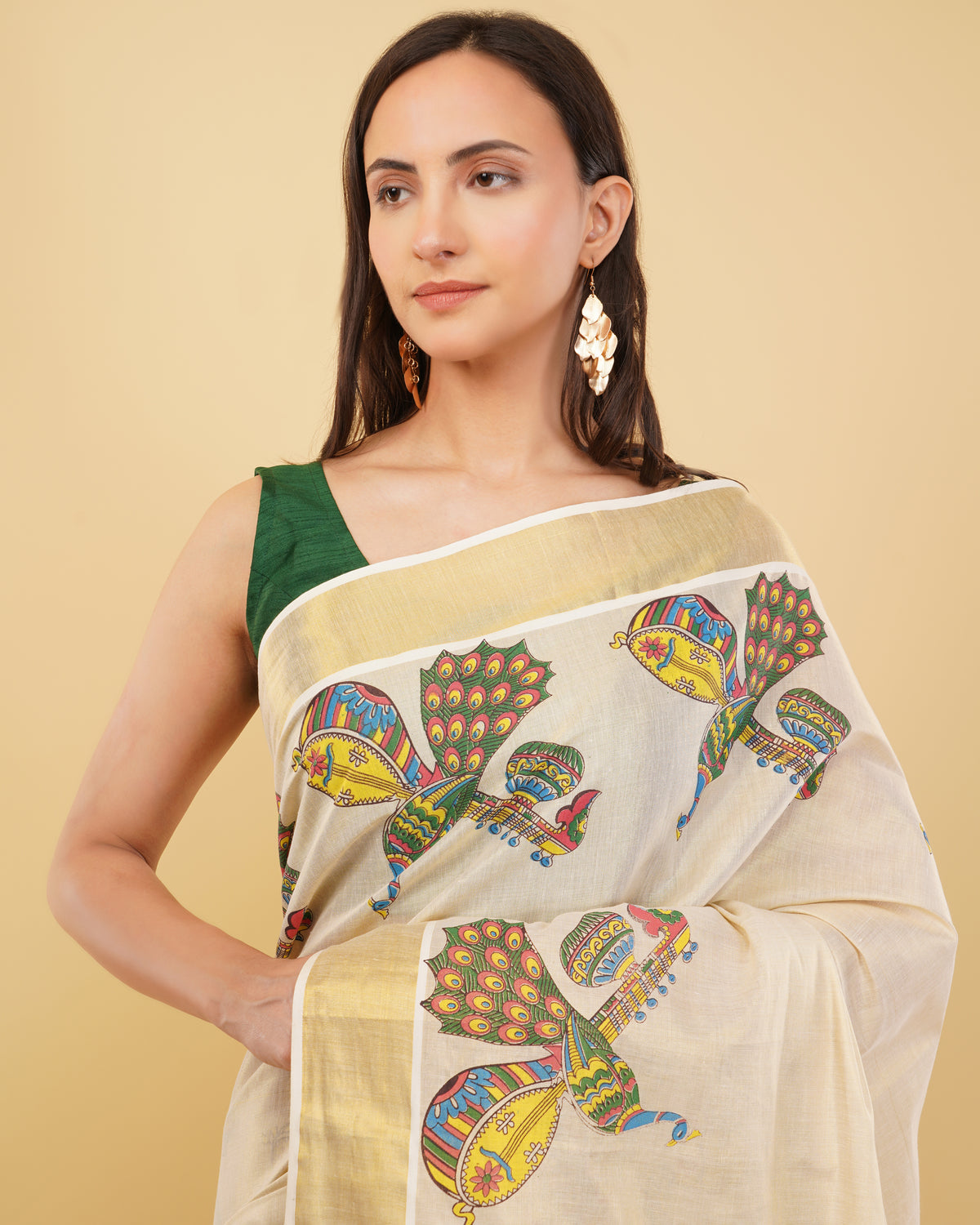 DhevStylish Kerala Kasavu Golden Tissue with Fancy Peacock Design Print Saree with Running Blouse | Blue, Green, Red