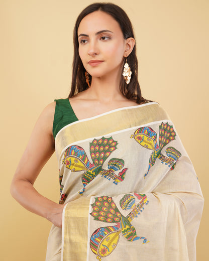DhevStylish Kerala Kasavu Golden Tissue with Fancy Peacock Design Print Saree with Running Blouse | Blue, Green, Red