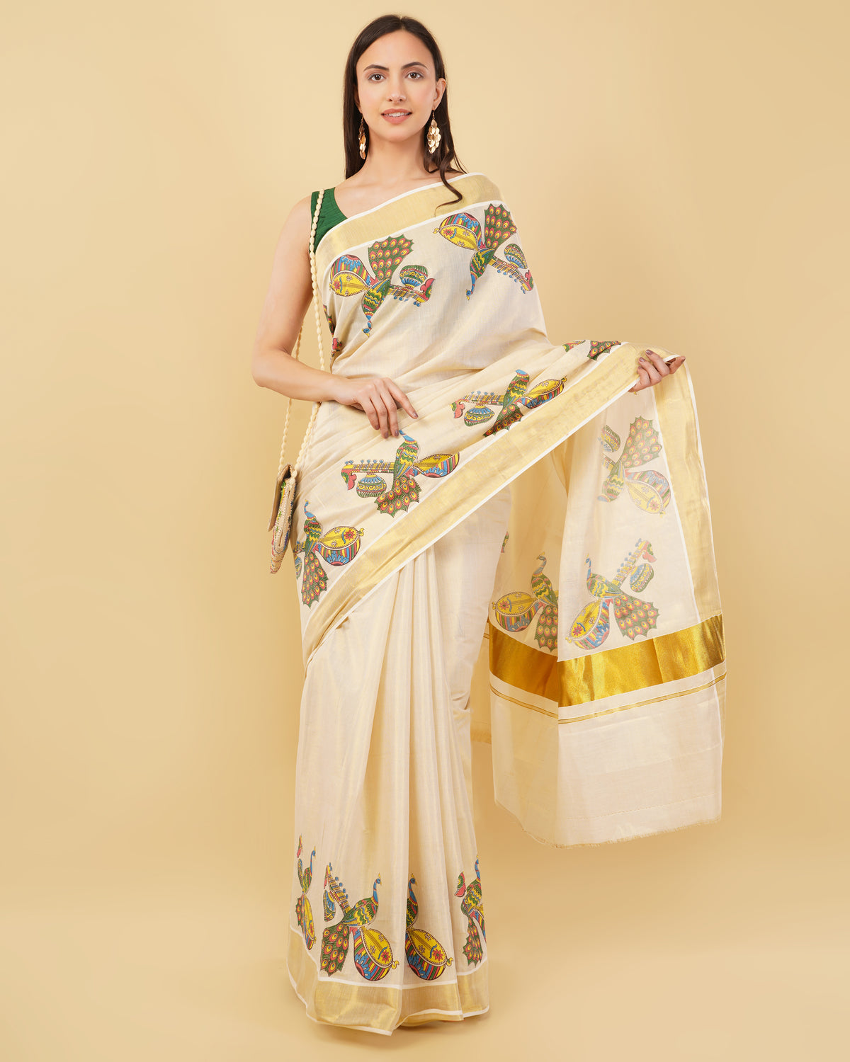 DhevStylish Kerala Kasavu Golden Tissue with Fancy Peacock Design Print Saree with Running Blouse | Blue, Green, Red