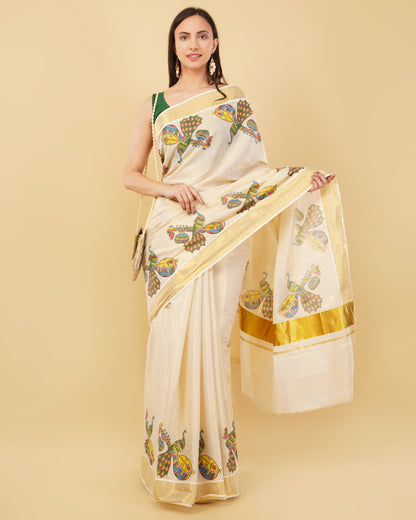 DhevStylish Kerala Kasavu Golden Tissue with Fancy Peacock Design Print Saree with Running Blouse | Blue, Green, Red
