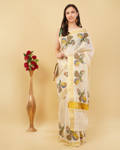 DhevStylish Kerala Kasavu Golden Tissue with Fancy Peacock Design Print Saree with Running Blouse | Blue, Green, Red
