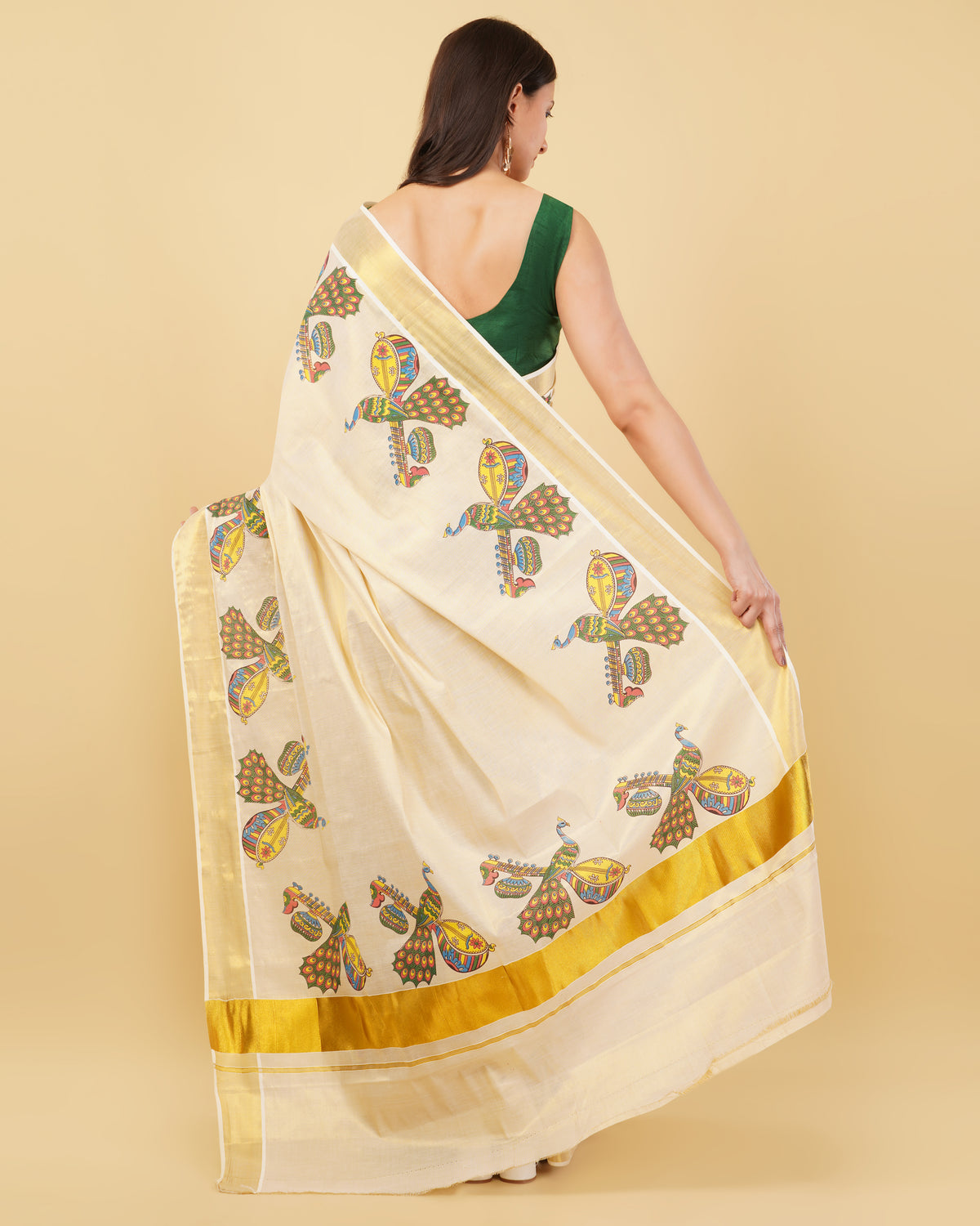 DhevStylish Kerala Kasavu Golden Tissue with Fancy Peacock Design Print Saree with Running Blouse | Blue, Green, Red