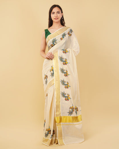 DhevStylish Kerala Kasavu Golden Tissue with Fancy Peacock Design Print Saree with Running Blouse | Tissue Saree For Women | Blue, Green, Red