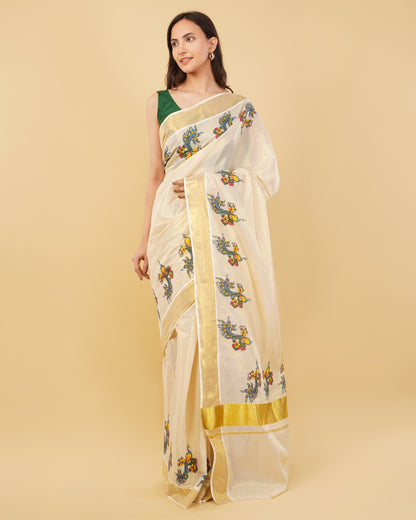 DhevStylish Kerala Kasavu Golden Tissue with Fancy Peacock Design Print Saree with Running Blouse | Tissue Saree For Women | Blue, Green, Red