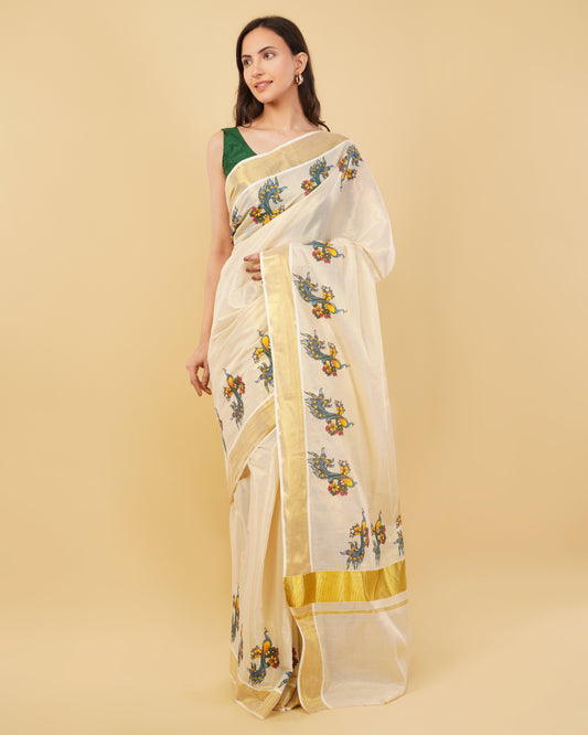 DhevStylish Kerala Kasavu Golden Tissue with Fancy Peacock Design Print Saree with Running Blouse | Tissue Saree For Women | Blue, Green, Red