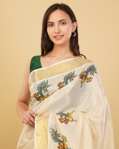 DhevStylish Kerala Kasavu Golden Tissue with Fancy Peacock Design Print Saree with Running Blouse | Tissue Saree For Women | Blue, Green, Red