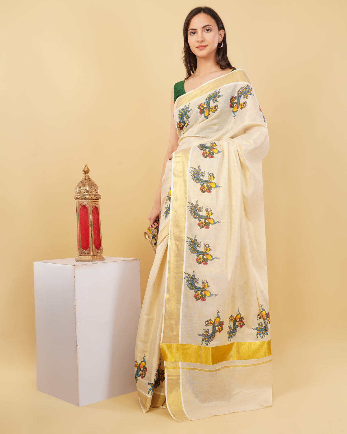 DhevStylish Kerala Kasavu Golden Tissue with Fancy Peacock Design Print Saree with Running Blouse | Tissue Saree For Women | Blue, Green, Red