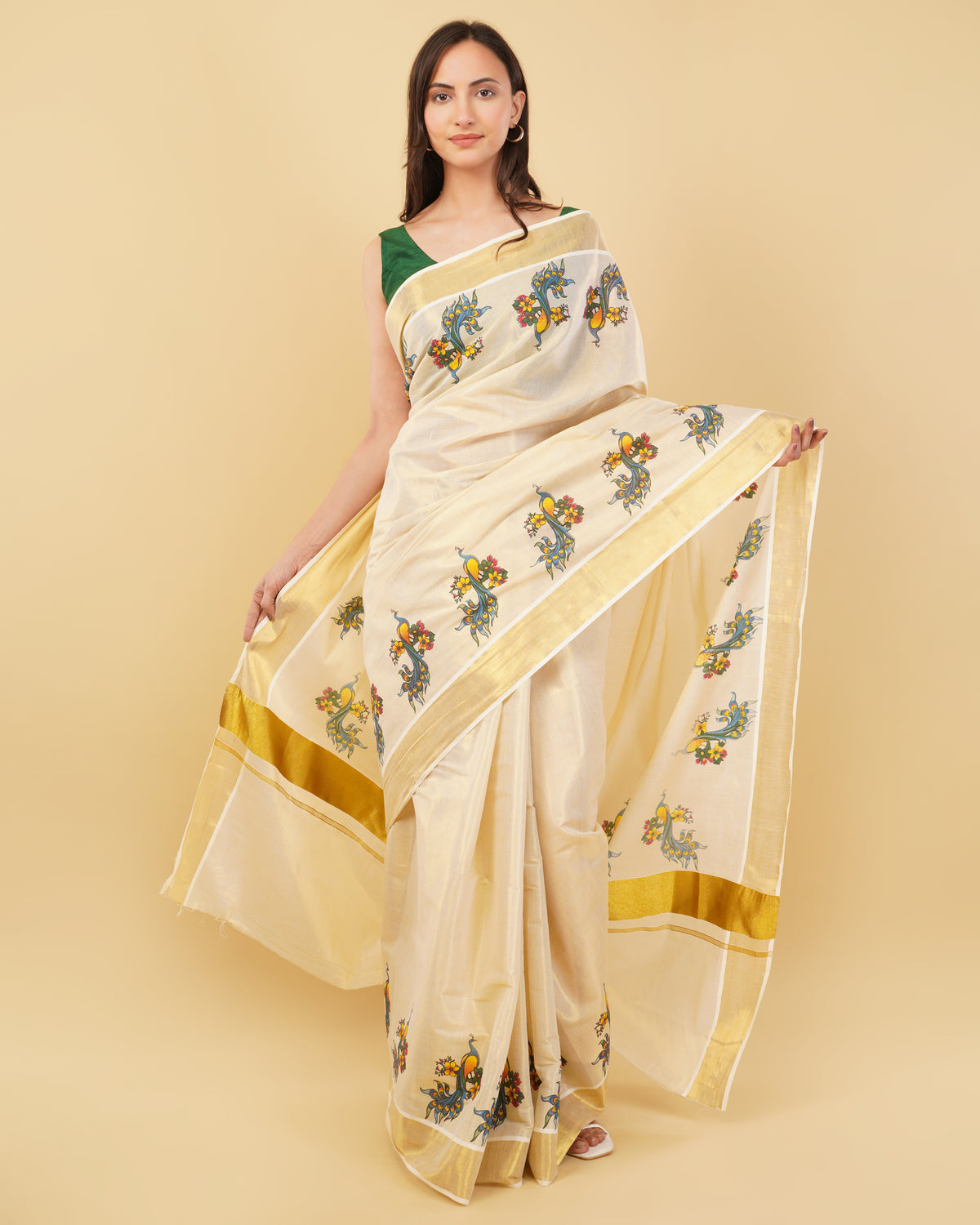 DhevStylish Kerala Kasavu Golden Tissue with Fancy Peacock Design Print Saree with Running Blouse | Tissue Saree For Women | Blue, Green, Red