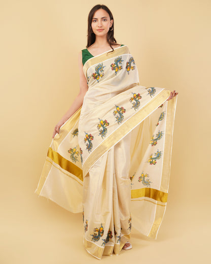 DhevStylish Kerala Kasavu Golden Tissue with Fancy Peacock Design Print Saree with Running Blouse | Tissue Saree For Women | Blue, Green, Red