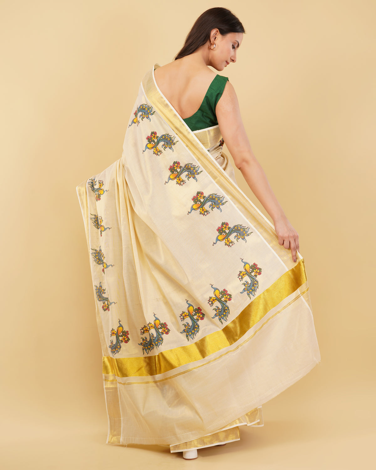 DhevStylish Kerala Kasavu Golden Tissue with Fancy Peacock Design Print Saree with Running Blouse | Tissue Saree For Women | Blue, Green, Red