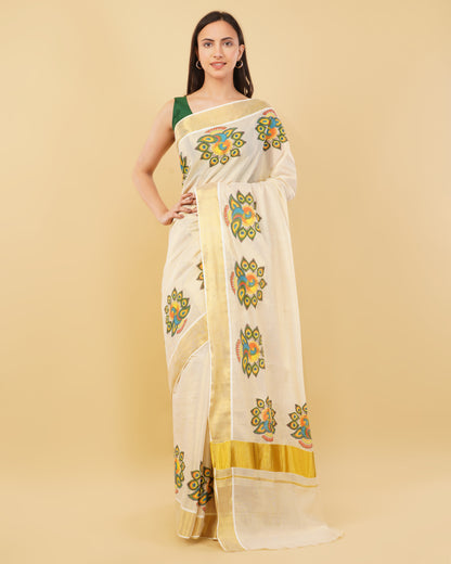 DhevStylish Kerala Kasavu Golden Tissue with Fancy Peacock Design Print Saree with Running Blouse | Tissue Saree For Women | Blue, Green, Red