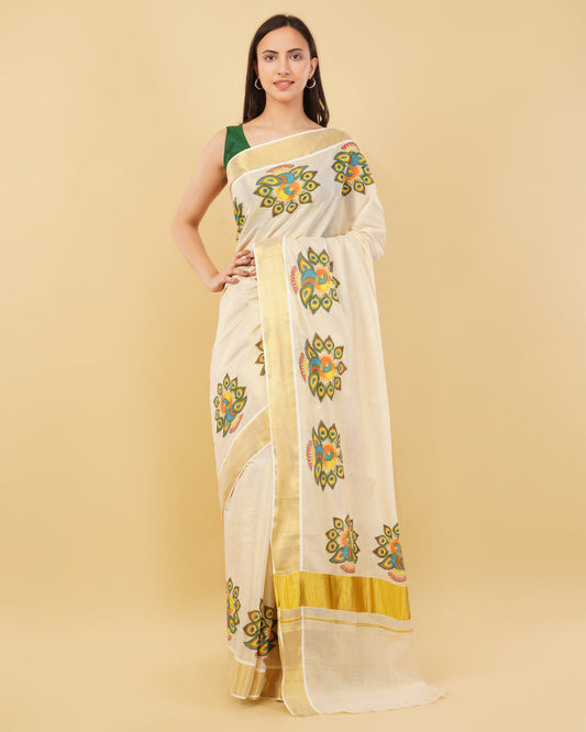 DhevStylish Kerala Kasavu Golden Tissue with Fancy Peacock Design Print Saree with Running Blouse | Tissue Saree For Women | Blue, Green, Red