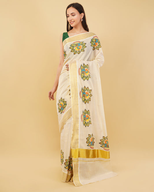 DhevStylish Kerala Kasavu Golden Tissue with Fancy Peacock Design Print Saree with Running Blouse | Tissue Saree For Women | Blue, Green, Red