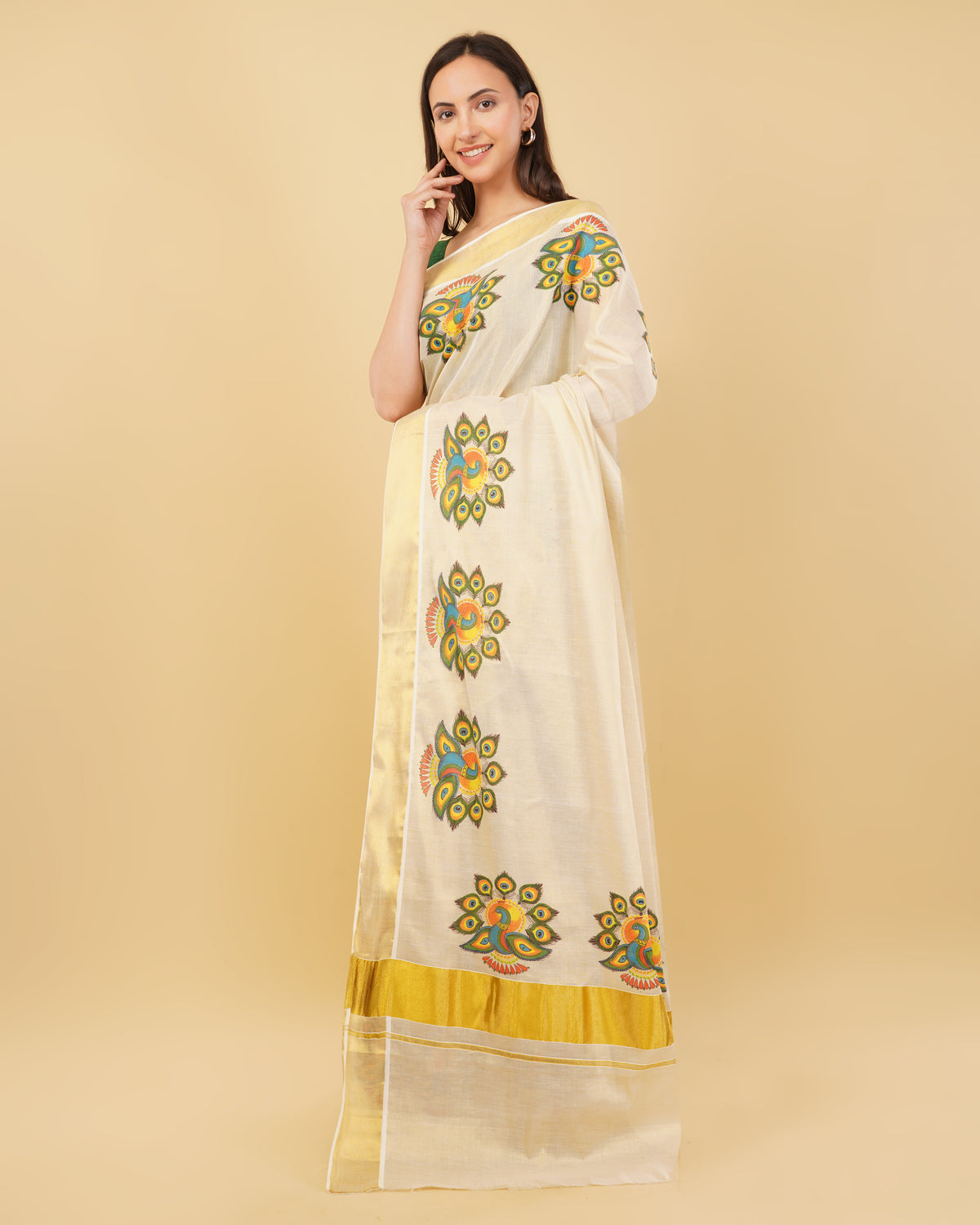 DhevStylish Kerala Kasavu Golden Tissue with Fancy Peacock Design Print Saree with Running Blouse | Tissue Saree For Women | Blue, Green, Red