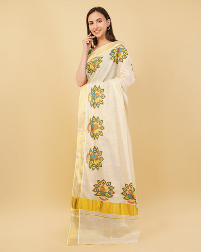DhevStylish Kerala Kasavu Golden Tissue with Fancy Peacock Design Print Saree with Running Blouse | Tissue Saree For Women | Blue, Green, Red