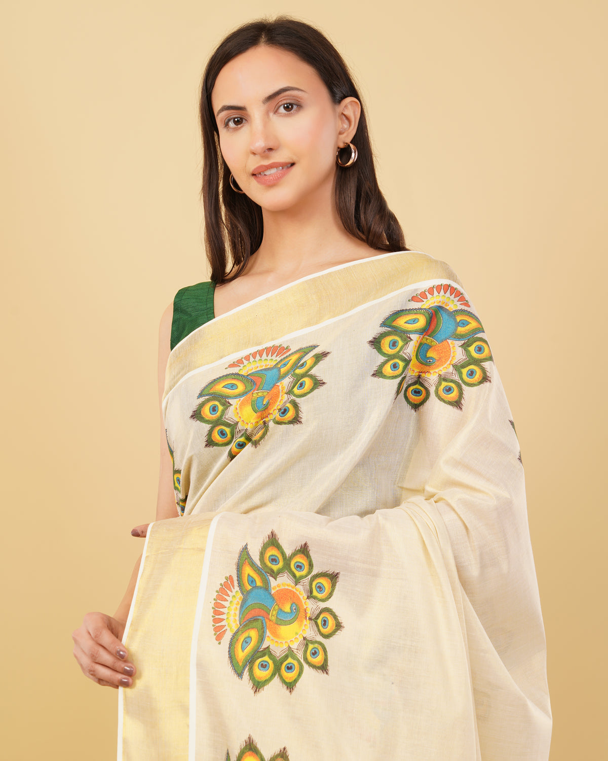 DhevStylish Kerala Kasavu Golden Tissue with Fancy Peacock Design Print Saree with Running Blouse | Tissue Saree For Women | Blue, Green, Red