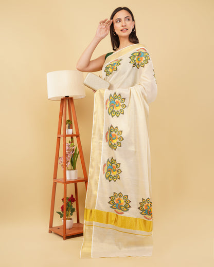 DhevStylish Kerala Kasavu Golden Tissue with Fancy Peacock Design Print Saree with Running Blouse | Tissue Saree For Women | Blue, Green, Red