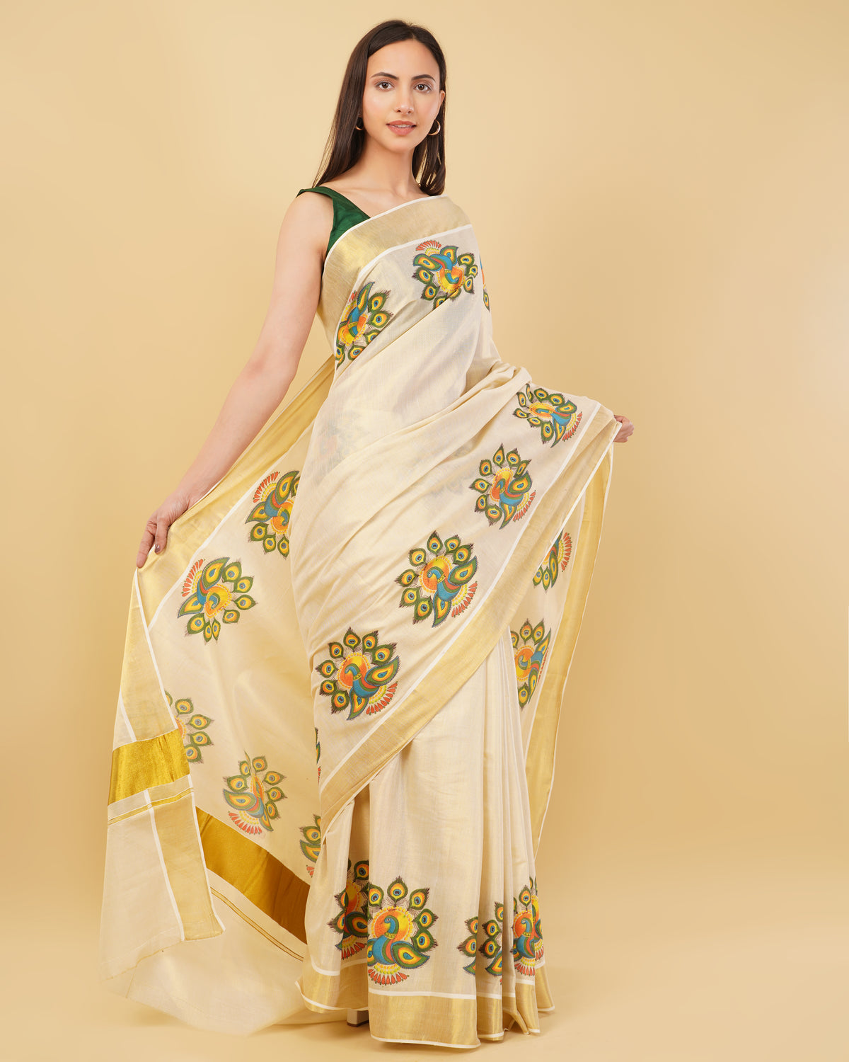 DhevStylish Kerala Kasavu Golden Tissue with Fancy Peacock Design Print Saree with Running Blouse | Tissue Saree For Women | Blue, Green, Red