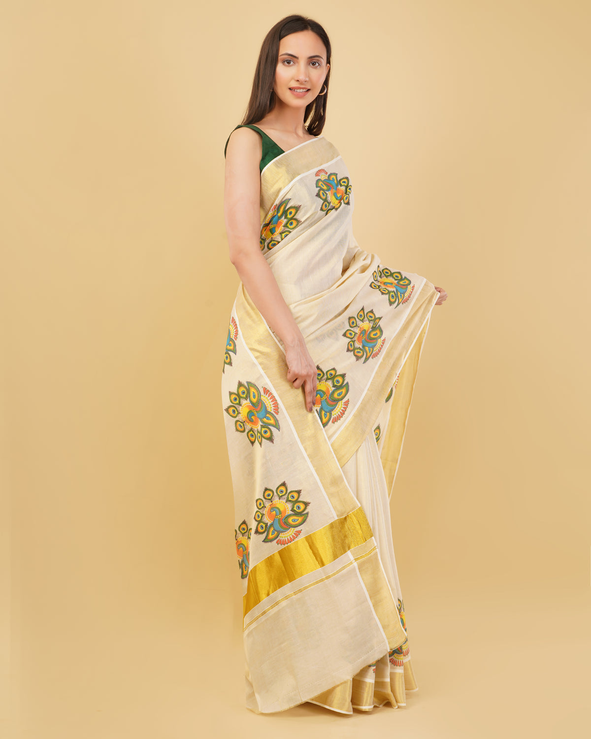 DhevStylish Kerala Kasavu Golden Tissue with Fancy Peacock Design Print Saree with Running Blouse | Tissue Saree For Women | Blue, Green, Red