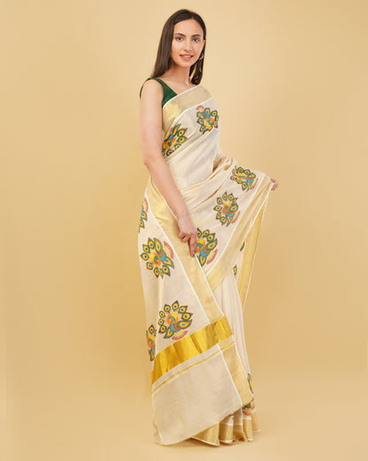 DhevStylish Kerala Kasavu Golden Tissue with Fancy Peacock Design Print Saree with Running Blouse | Tissue Saree For Women | Blue, Green, Red