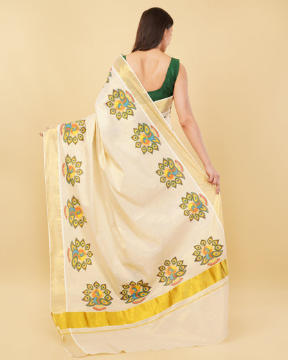 DhevStylish Kerala Kasavu Golden Tissue with Fancy Peacock Design Print Saree with Running Blouse | Tissue Saree For Women | Blue, Green, Red