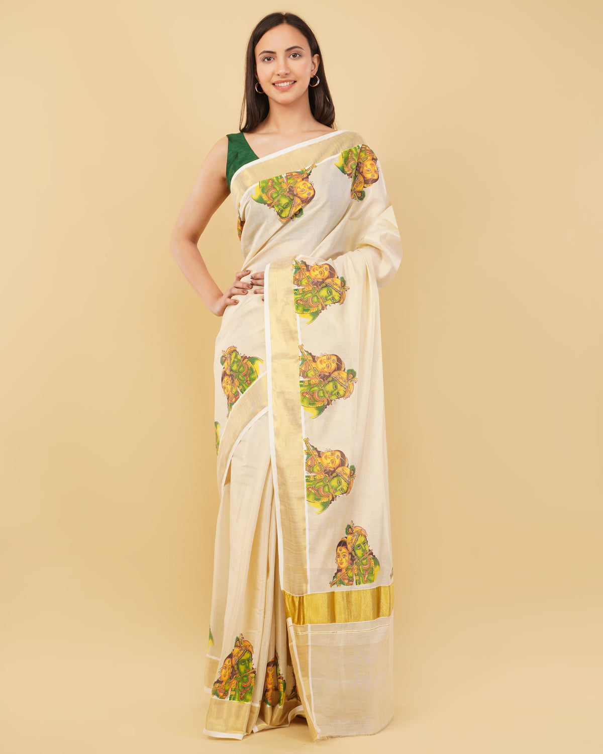 DhevStylish Kerala Kasavu Golden Tissue with Ratha Krishna Design Print Saree with Running Blouse | Tissue Saree For Women | Green, Gold