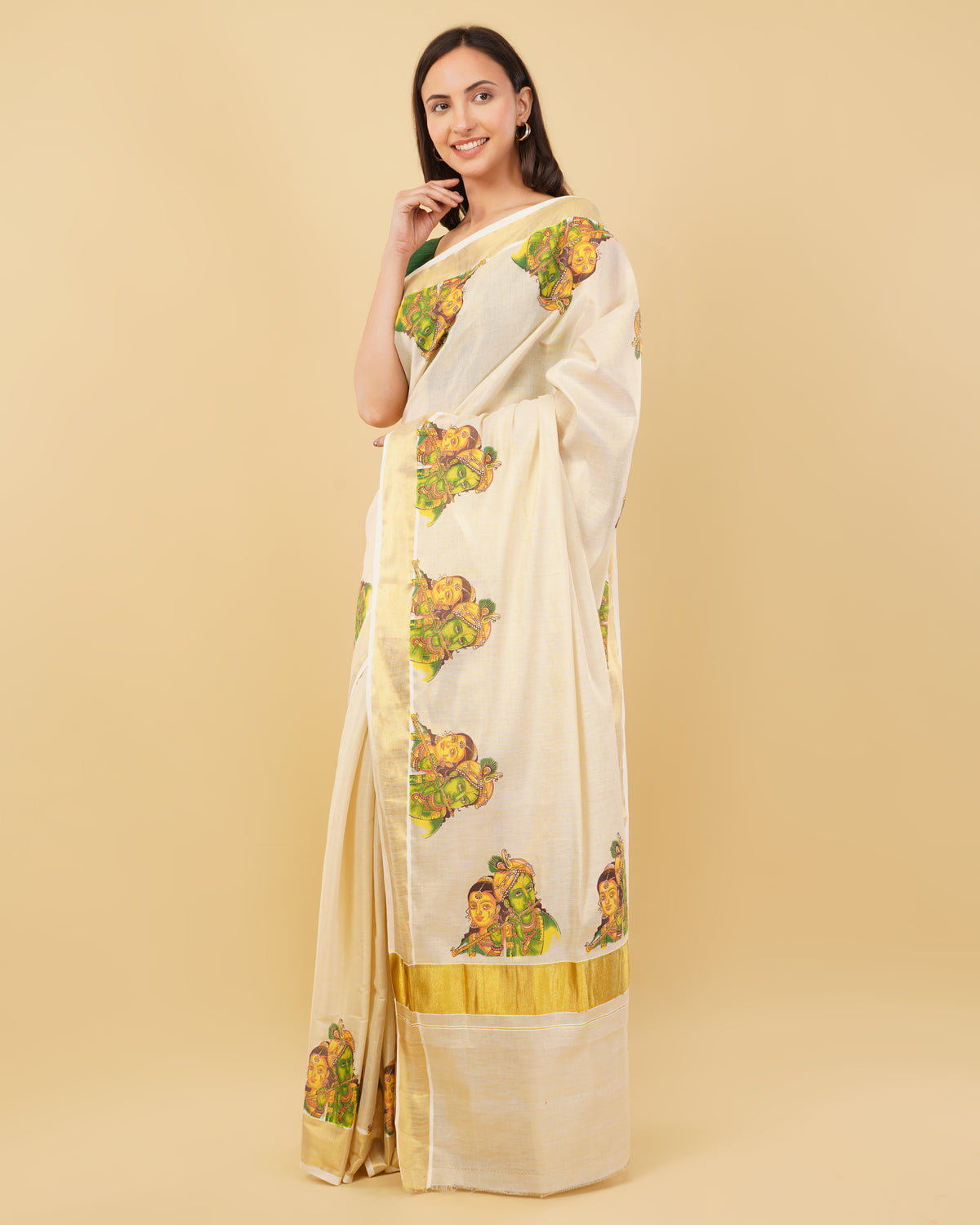 DhevStylish Kerala Kasavu Golden Tissue with Ratha Krishna Design Print Saree with Running Blouse | Tissue Saree For Women | Green, Gold