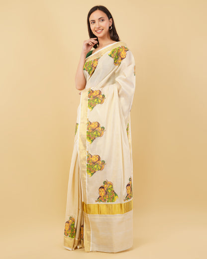 DhevStylish Kerala Kasavu Golden Tissue with Ratha Krishna Design Print Saree with Running Blouse | Tissue Saree For Women | Green, Gold