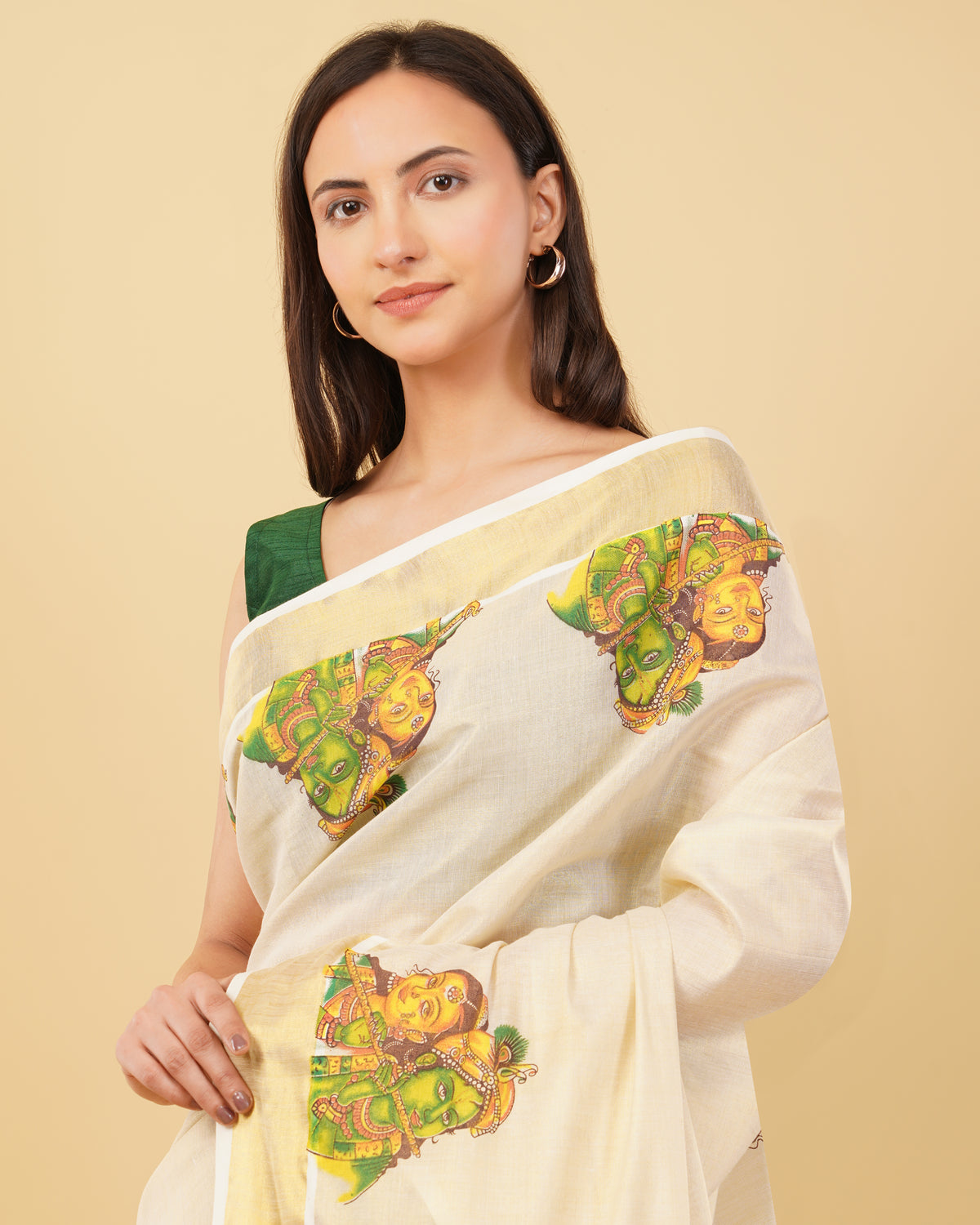 DhevStylish Kerala Kasavu Golden Tissue with Ratha Krishna Design Print Saree with Running Blouse | Tissue Saree For Women | Green, Gold