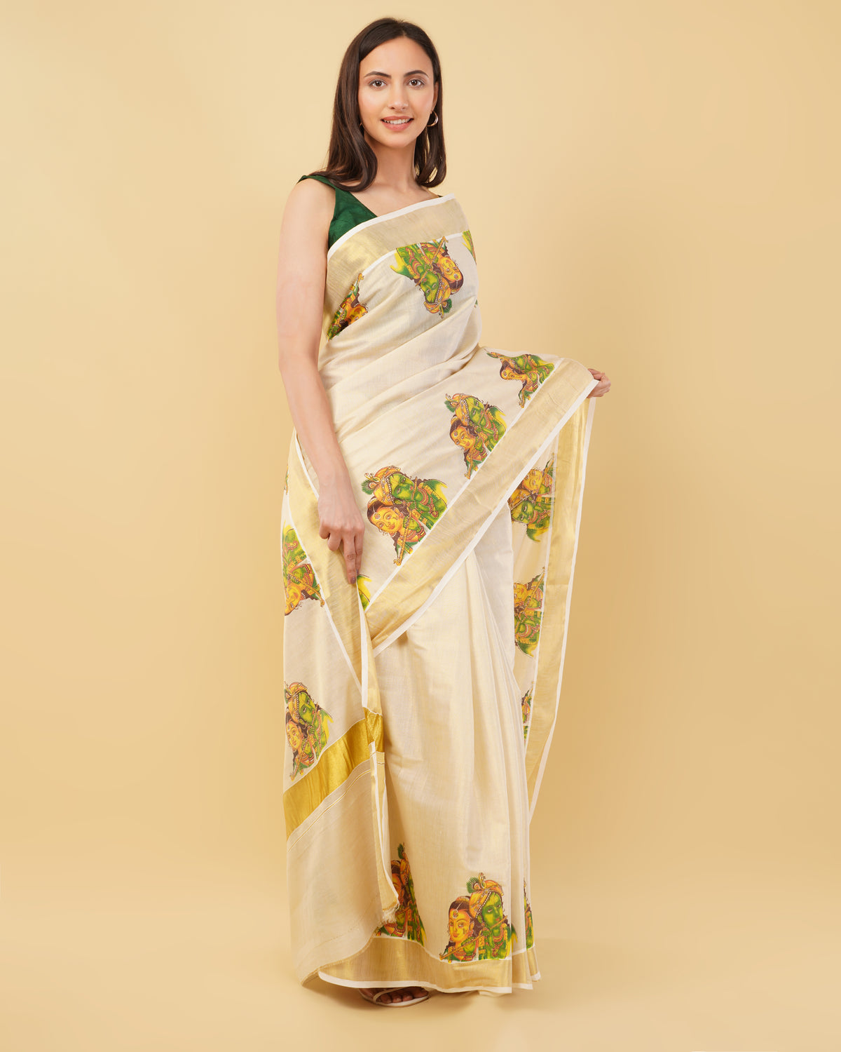 DhevStylish Kerala Kasavu Golden Tissue with Ratha Krishna Design Print Saree with Running Blouse | Tissue Saree For Women | Green, Gold
