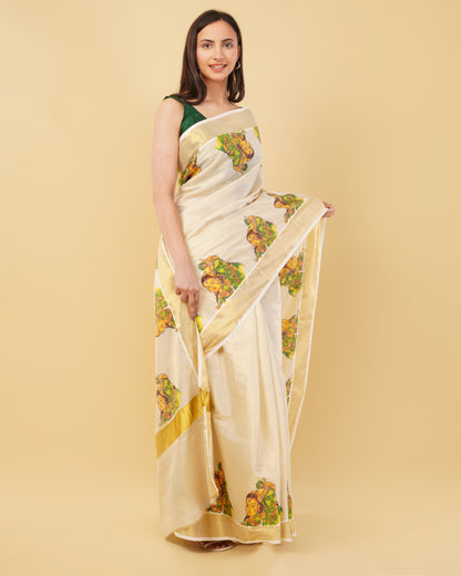 DhevStylish Kerala Kasavu Golden Tissue with Ratha Krishna Design Print Saree with Running Blouse | Tissue Saree For Women | Green, Gold