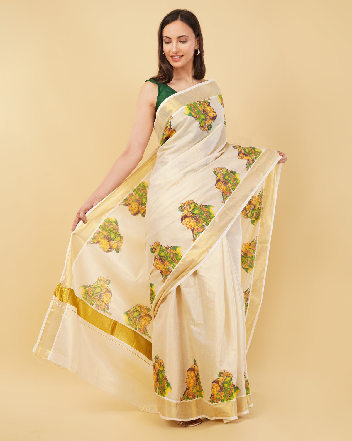 DhevStylish Kerala Kasavu Golden Tissue with Ratha Krishna Design Print Saree with Running Blouse | Tissue Saree For Women | Green, Gold