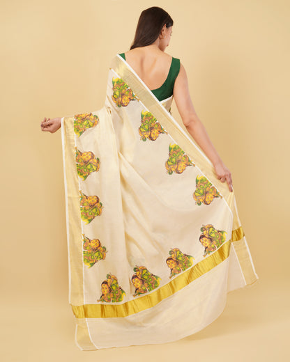 DhevStylish Kerala Kasavu Golden Tissue with Ratha Krishna Design Print Saree with Running Blouse | Tissue Saree For Women | Green, Gold