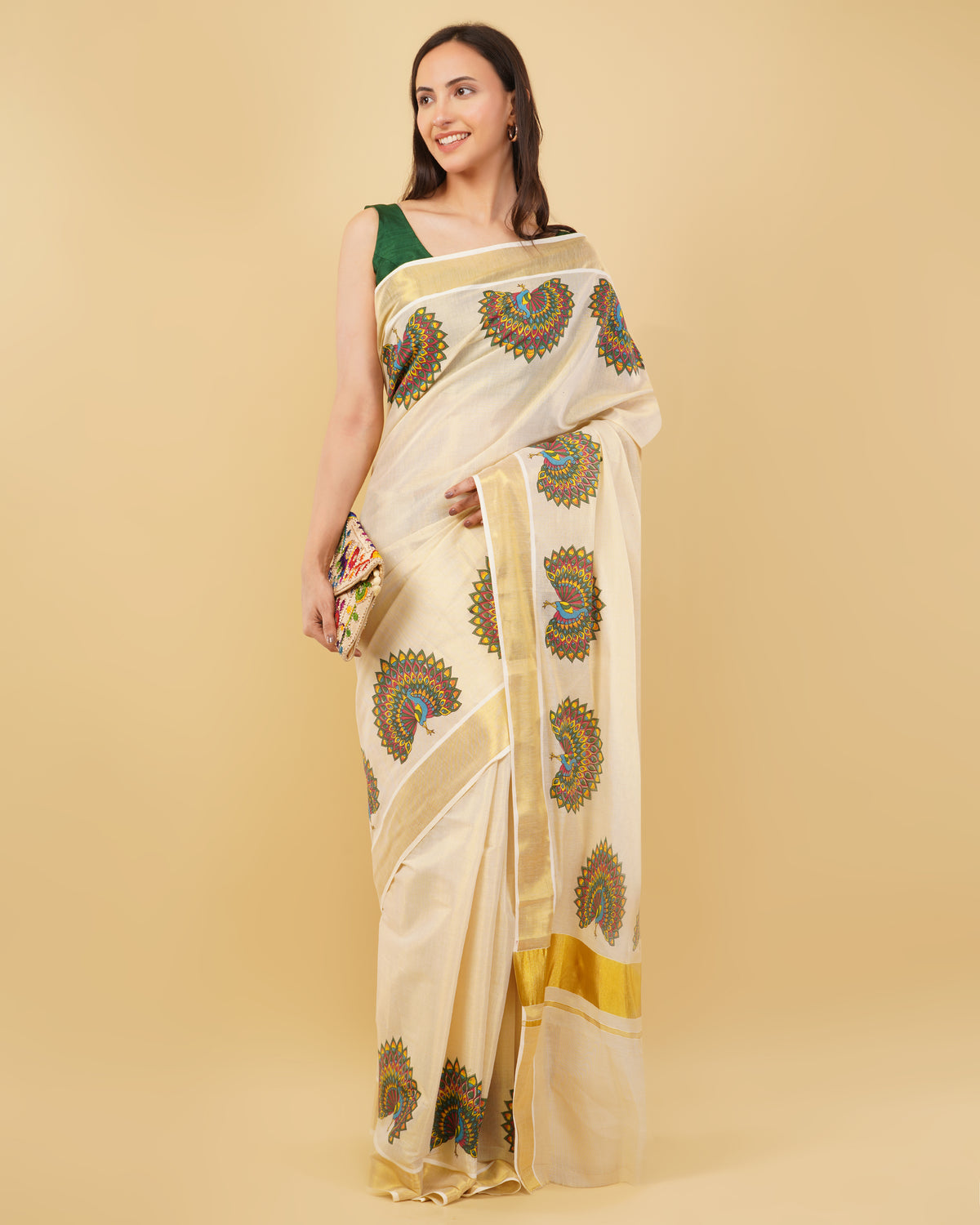 DhevStylish Kerala Kasavu Golden Tissue with Fancy Peacock Design Print Saree with Running Blouse | Tissue Saree For Women | Blue, Green, Red