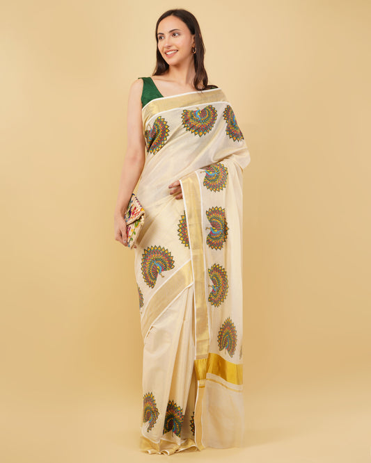 DhevStylish Kerala Kasavu Golden Tissue with Fancy Peacock Design Print Saree with Running Blouse | Tissue Saree For Women | Blue, Green, Red