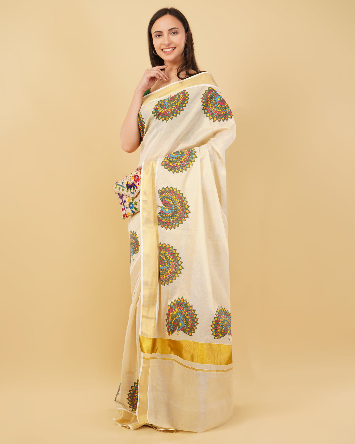 DhevStylish Kerala Kasavu Golden Tissue with Fancy Peacock Design Print Saree with Running Blouse | Tissue Saree For Women | Blue, Green, Red